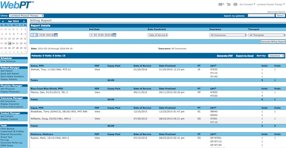 Physical Therapy EMR Appointment Screen